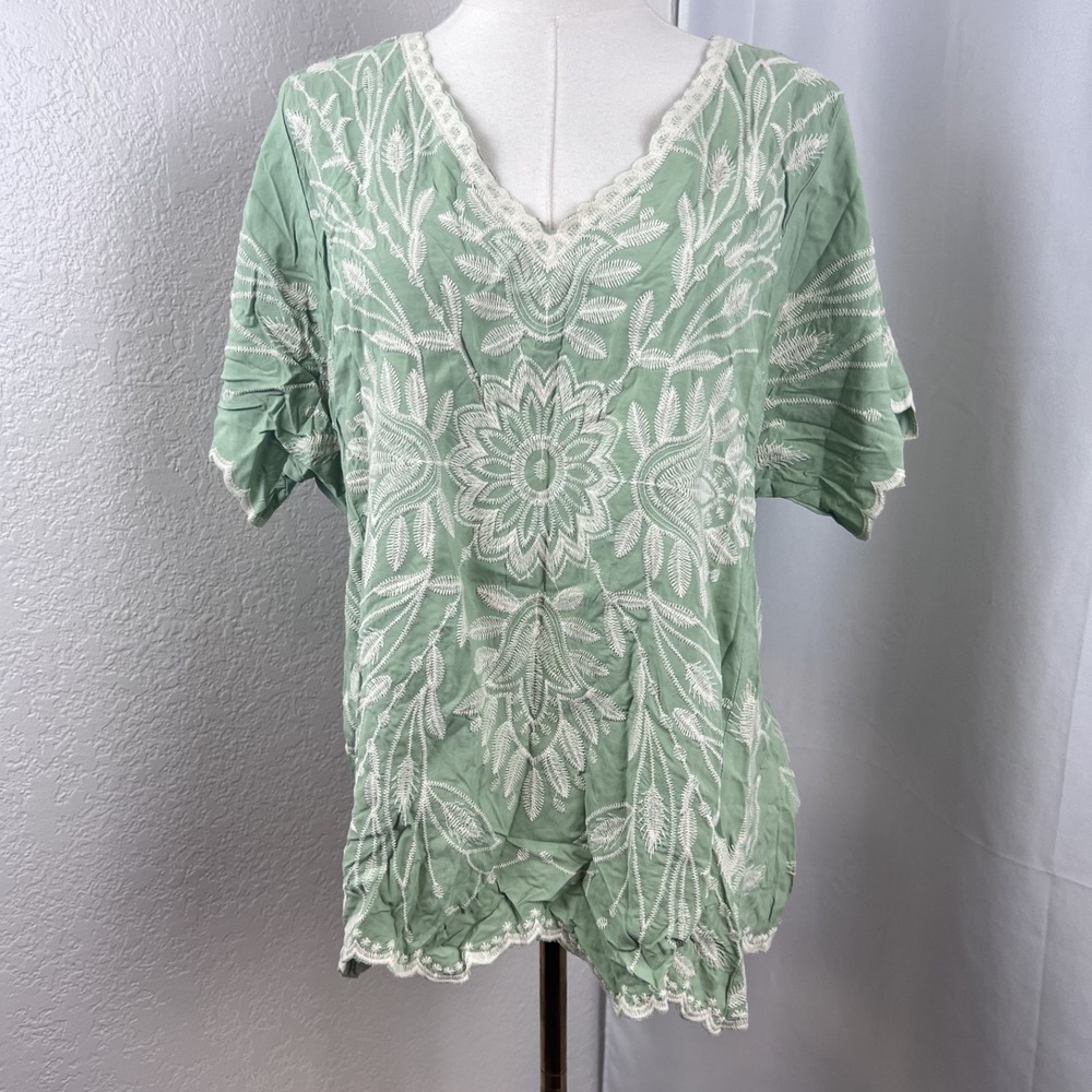 Soft Surroundings Top Womens XL Green Embroidered Floral Boho Cottagecore Artsy